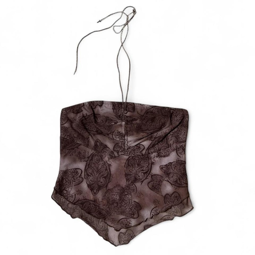 Y2K ROMWE Brown Paisley Halter Neck‎ Scarf Top XS Sheer Mesh Cropped
